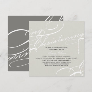 Scripted Christening Modern Cross Gray Religious Invitation