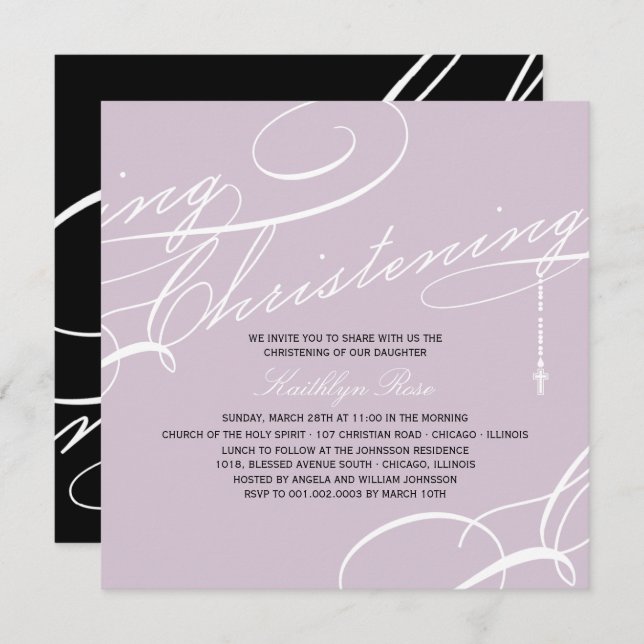 Scripted Christening Modern Cross Purple Religious Invitation (Front/Back)
