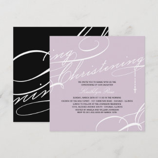 Scripted Christening Modern Cross Purple Religious Invitation