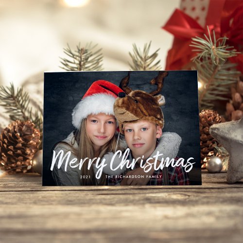 Scripted Christmas  Red with Photo Holiday Card
