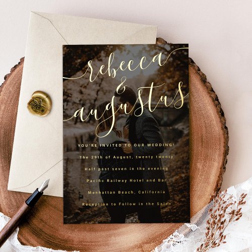 Scripted Names Photo Wedding Silver Foil Invitation