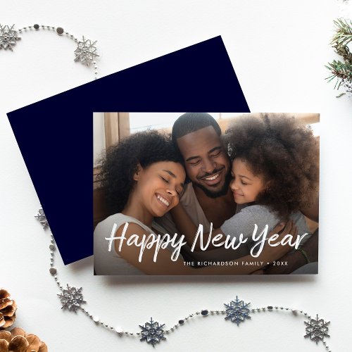 Scripted New Year Navy Blue  Photo Holiday Card