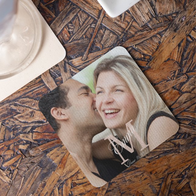 Scripted Overlay Story Beverage Coaster (“Layered story coaster featuring full photo, elegant serif monogram, diagonal script name, and date.)