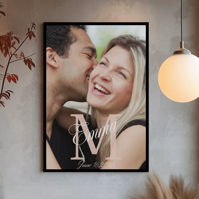 Scripted Overlay Story Canvas Print (Romantic photo canvas with bold initial, script name, and date for layered memory display.)
