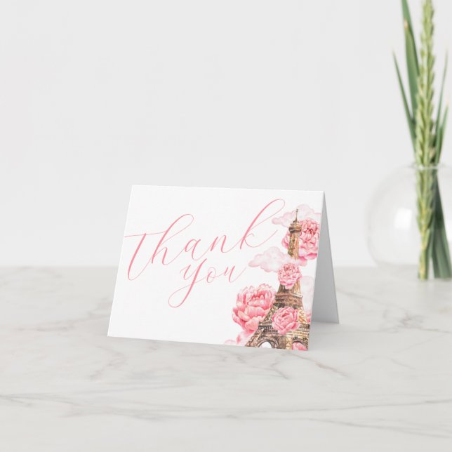 Scripted Pink Paris Bridal Shower Letterpress Thank You Card (Front)