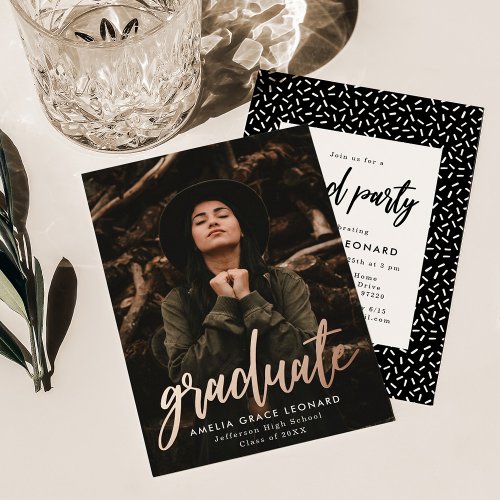 Scripted Rose Gold Foil Photo Graduation Party Foil Invitation