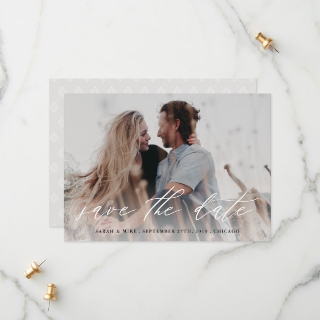 Scripted save the date photo card white (Front/Back In Situ)