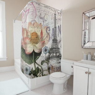 scripts french botanical lotus paris eiffel tower shower curtain