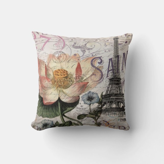 scripts french botanical lotus paris eiffel tower throw pillow (Front)