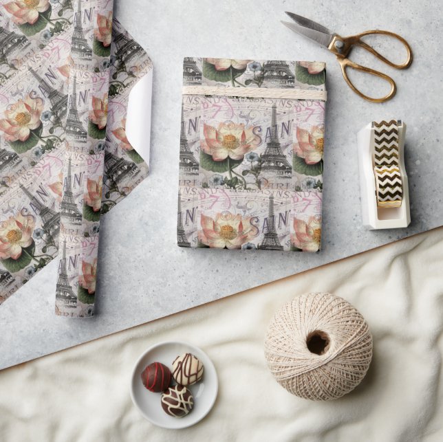 scripts french botanical lotus paris eiffel tower wrapping paper (Crafts)