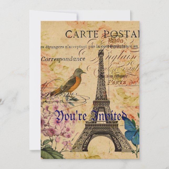 Scripts Hydrangea French Bird Paris Eiffel Tower Invitation (Front)