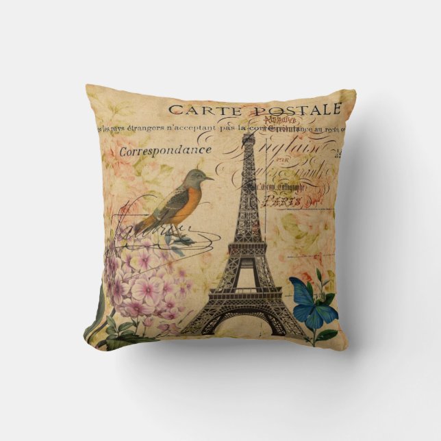 Scripts Hydrangea French Bird Paris Eiffel Tower Throw Pillow (Front)