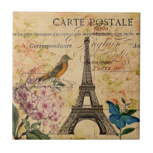 Scripts Hydrangea French Bird Paris Eiffel Tower Tile