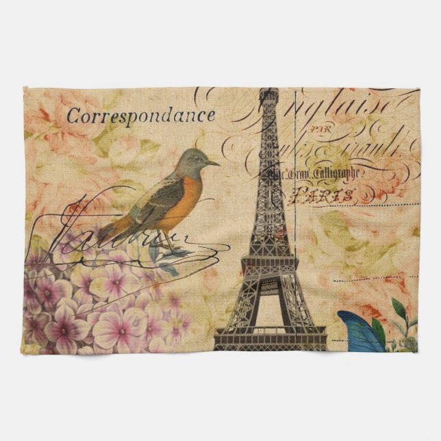 Scripts Hydrangea French Bird Paris Eiffel Tower Towel (Horizontal)