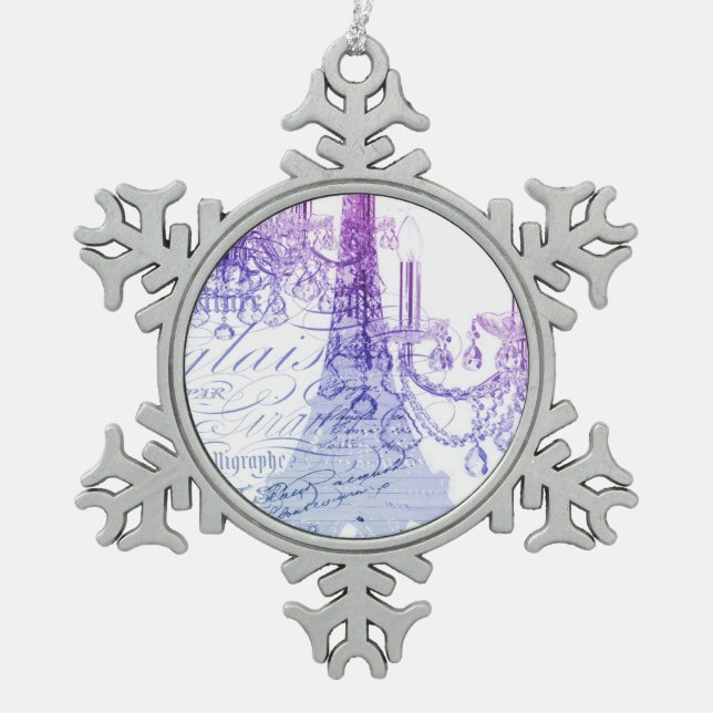 scripts purple chandelier paris eiffel tower snowflake pewter christmas ornament (Front)