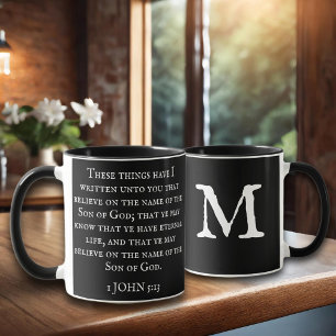 Scripture 1 John 5:13 KJV Monogram Black Mug