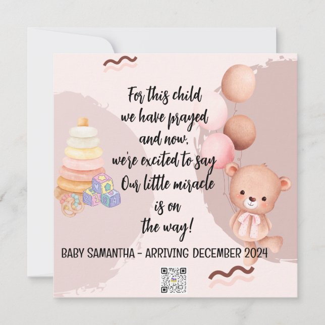 Scripture Baby Announcement Card Girl Bear (Front)