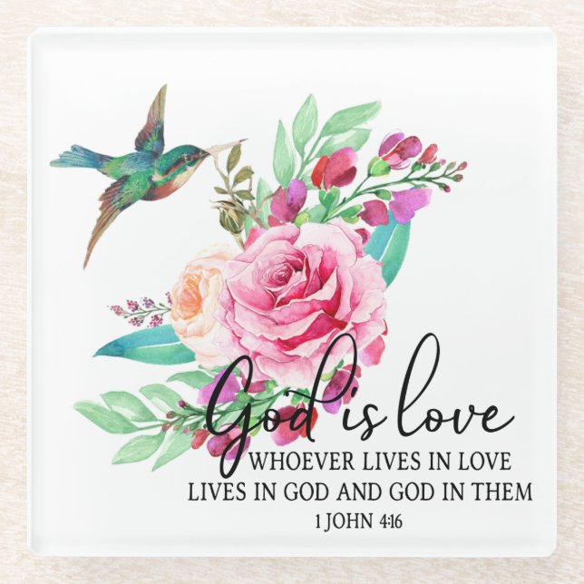 Scripture Bible Verse Pink Rose Bird Religious Glass Coaster (Front)
