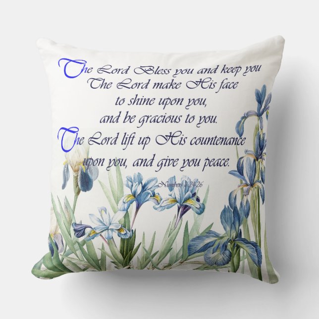 Scripture Botanical Blue Iris Flowers Floral Throw Pillow (Front)