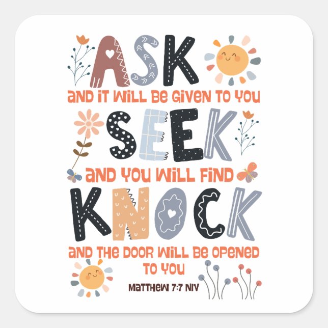 Scripture card bible verse Matthew 7:7 Square Sticker (Front)