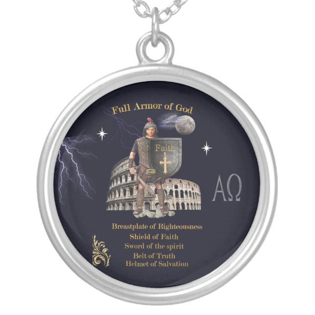 Scripture Full Armor of GOD Silver Plated Necklace (Front)
