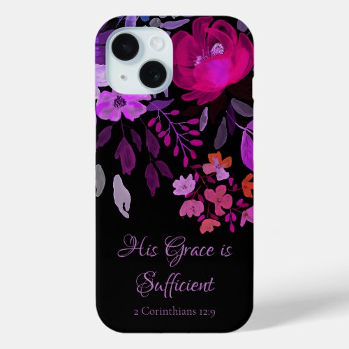Scripture Modern Feminine Pink Purple Floral Black iPhone 15 Case