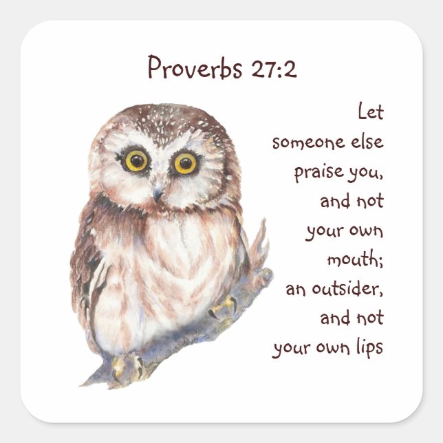 Scripture Proverbs 27:2 Pride Humility Wise Owl Square Sticker (Front)