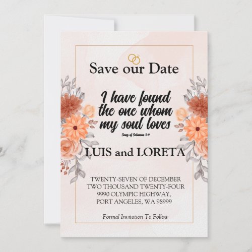 Scripture Save The Date Card I have Found Orange