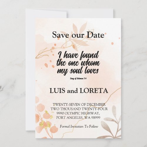 Scripture Save The Date Card I have Found Peach