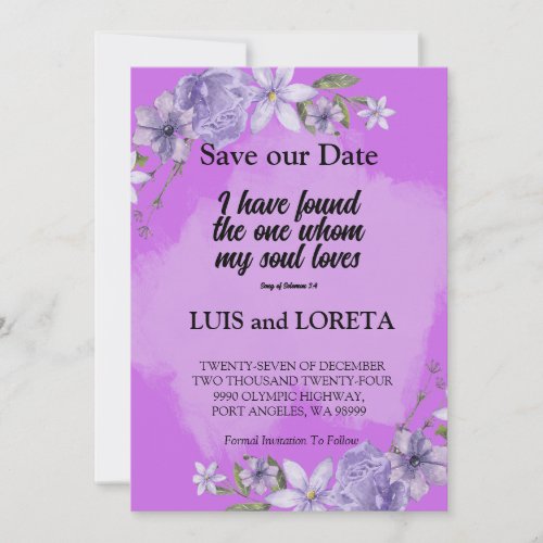 Scripture Save The Date Card I have Found Purple