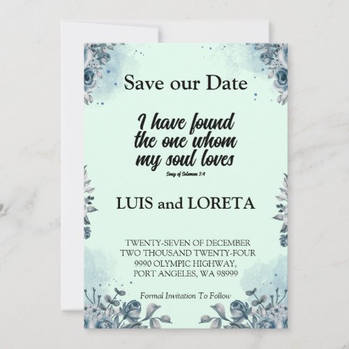 Scripture Save The Date Card I have Found Teal