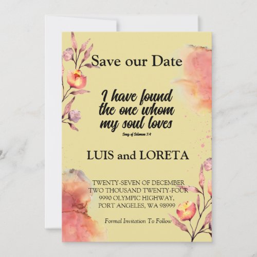 Scripture Save The Date Card I have Found Yellow