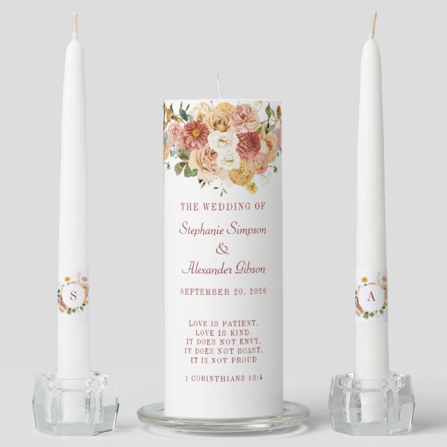 Scripture Verse Floral Wedding Unity Candle Set (Front)