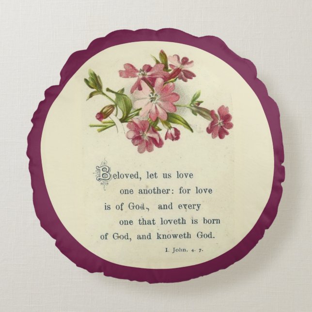 Scripture Verse pink lavender flowers Round Pillow (Front)