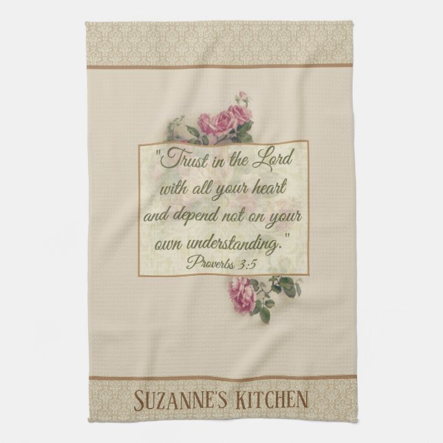 Scripture Verse Pink Roses Floral Religious Kitchen Towel (Vertical)
