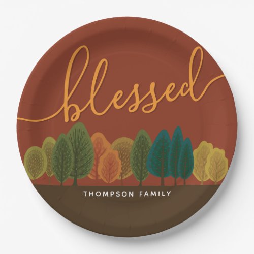 Scripty Blessed Fall Forest Botanical Brown Paper Plates