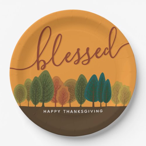 Scripty Blessed Fall Forest Botanical Light Orange Paper Plates