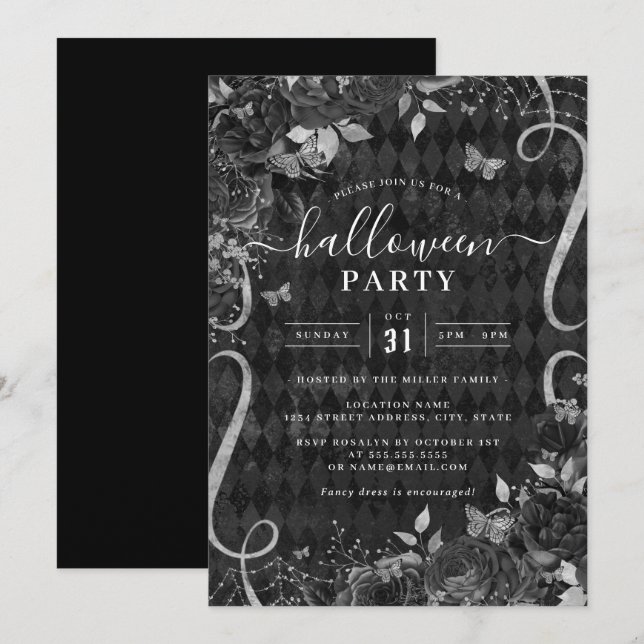Scroll Black Dark Spooky Floral Halloween Party  Invitation (Front/Back)