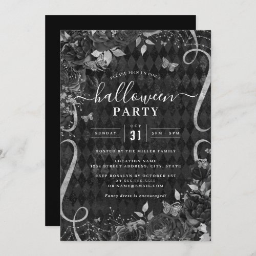 Scroll Black Dark Spooky Floral Halloween Party  Invitation