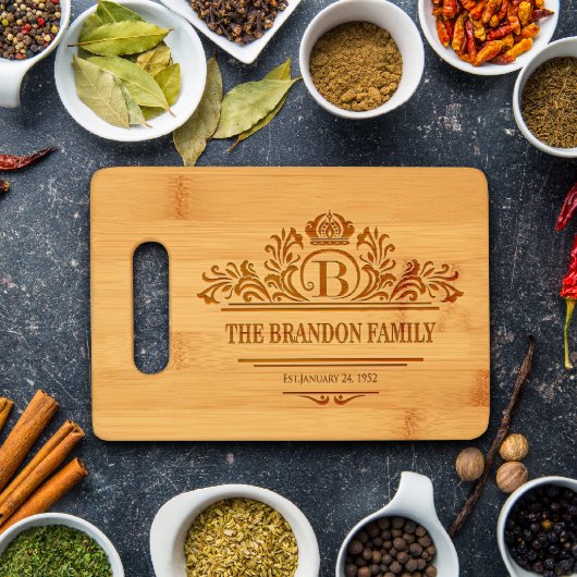 Scroll & Crown Bamboo Cutting Board w/ Handle (Front)
