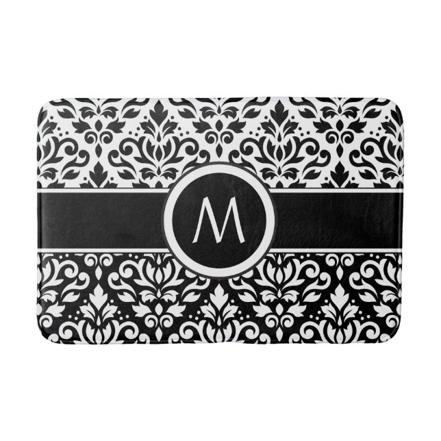 Scroll Damask 2Part Ptn BW & Band (Personalized) Bathroom Mat (Front)