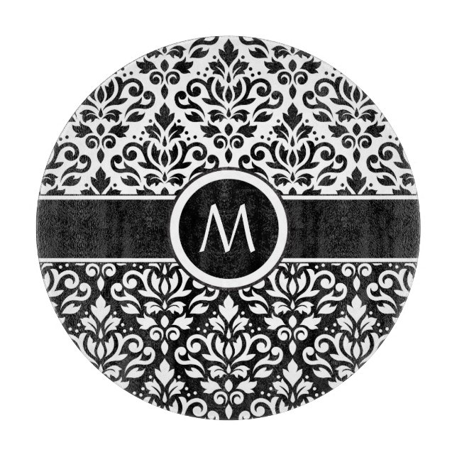 Scroll Damask 2Part Ptn BW & Band (Personalized) Cutting Board (Front)