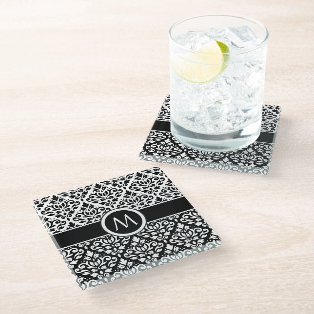 Scroll Damask 2Part Ptn BW & Band (Personalized) Glass Coaster (Angled)