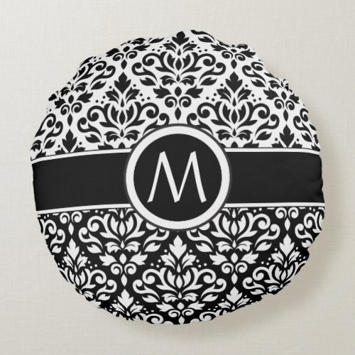 Scroll Damask 2Part Ptn BW  Band Personalized Round Pillow