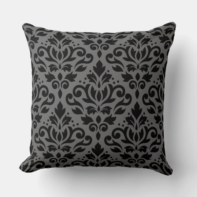 Scroll Damask 2Way Big Pattern Black & Gray Throw Pillow (Front)