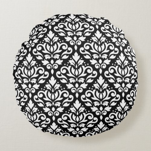 Scroll Damask 2Way Pattern Black  White Round Pillow