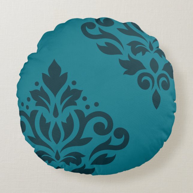 Scroll Damask Art I 2Way Dark & Mid-Teal Round Pillow (Front)