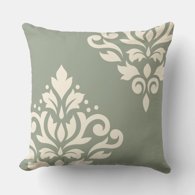 Scroll Damask Art I 2Way Green & Cream Throw Pillow (Front)