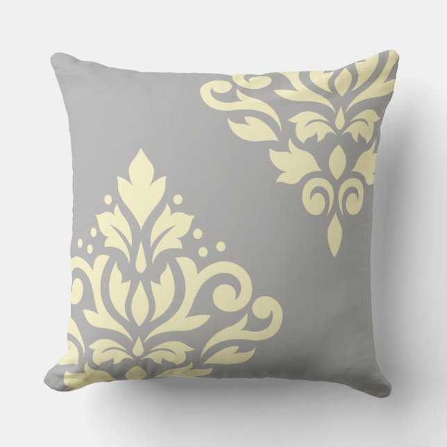 Scroll Damask Art I 2Way Yellow & Grey Throw Pillow (Front)
