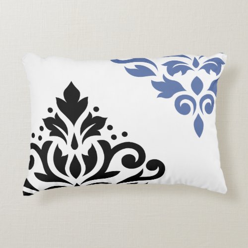 Scroll Damask Art I Black  Blue on White Accent Pillow